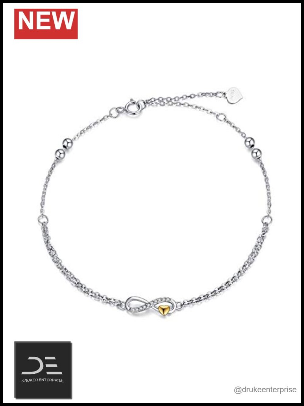 14K Solid Gold Diamond Heart Bracelet Women Adjustable Link Chain Dangle